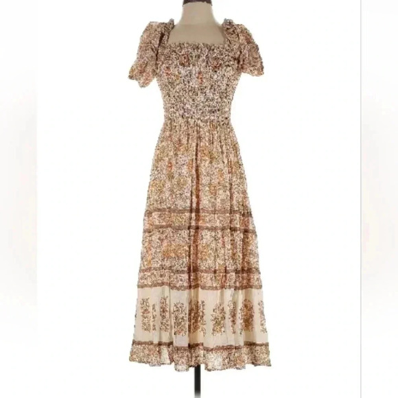 Spell and the Gypsy Cream and Brown Puff Sleeve Square Neck Midi Sundress - Picture 4 of 7